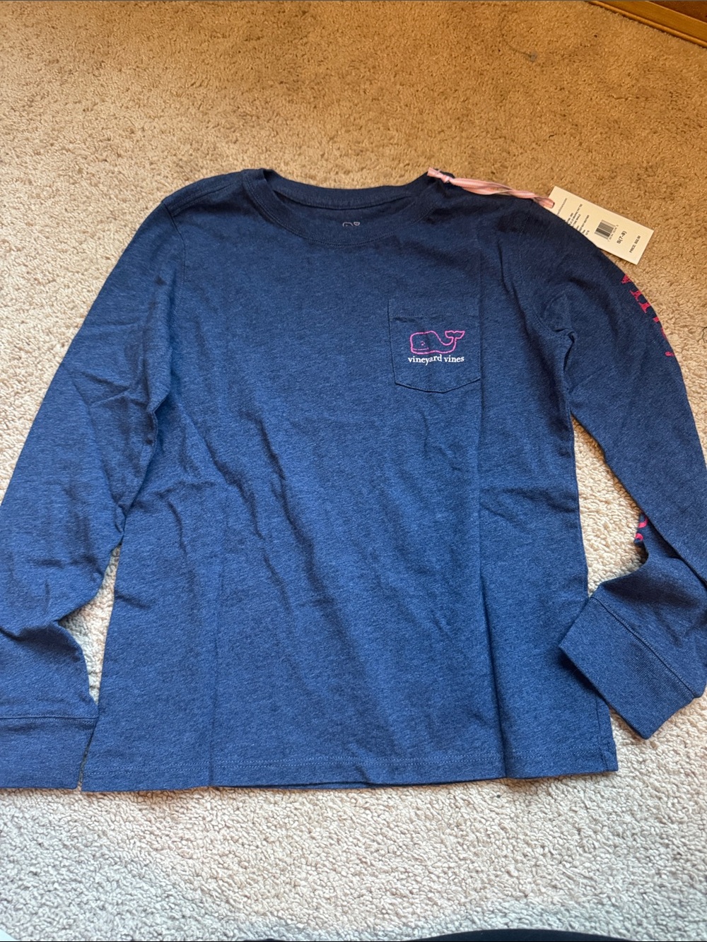 Vineyard Vines Navy Long-Sleeve Pocket Tee with Pink Whale Logo